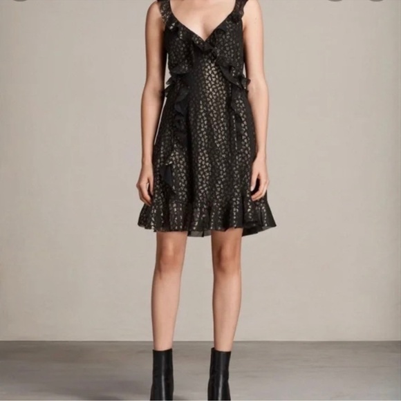 ALLSAINTS DARELL RUFFLE DRESS: V neck black and gold - Picture 7 of 9